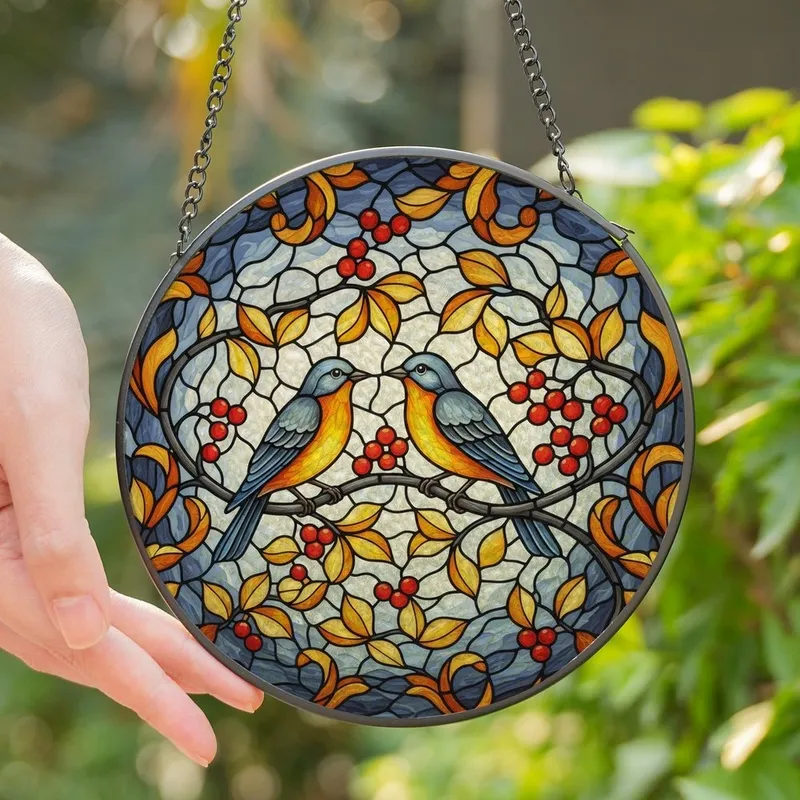 Nature Lovers' Vibrant Tiffany Style Stained Glass Blue Orange Birds Red Berries Leaf Mosaic Stained Glass Suncatcher - 1
