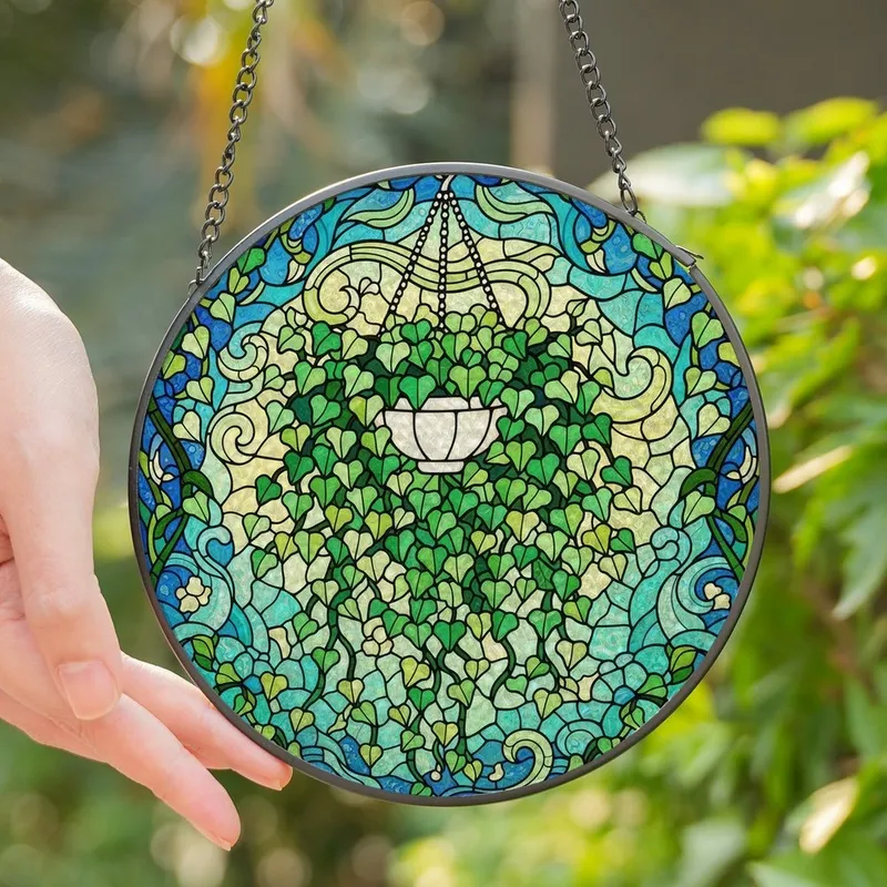 Nature Lovers' Luminous Emerald Lime Tiffany Stained Glass Heart Ivy Pattern Stained Glass Suncatcher - 1