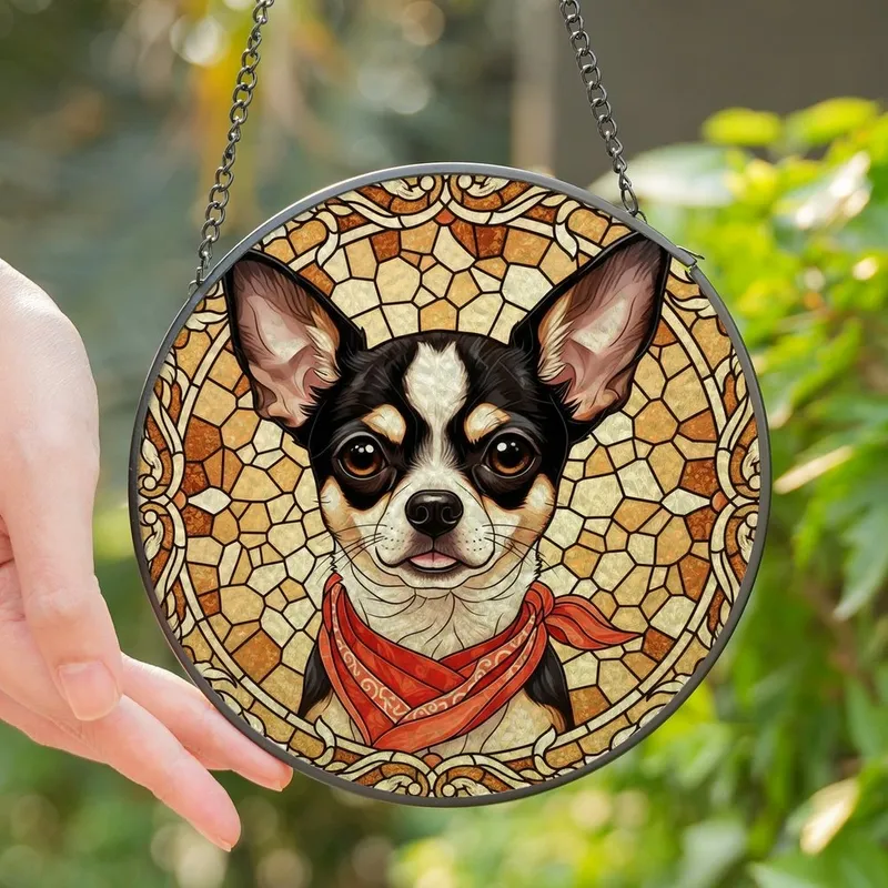 Chihuahua Lovers' Intricate Tiffany Stained Glass Head Amber Brown Red-Orange Glowing Jewel Tones Mosaic Stained Glass Suncatcher - 1