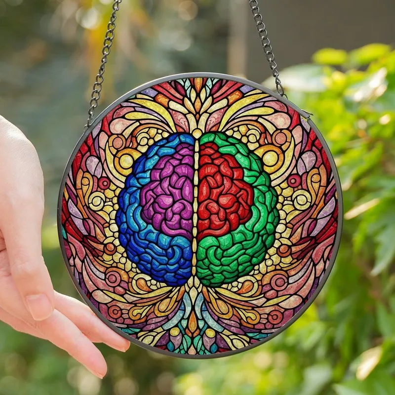Art & Science Enthusiasts' Luminous Tiffany Stained Glass Brain Pink Blue Green Gold Purple Mosaic Art Stained Glass Suncatcher - 1