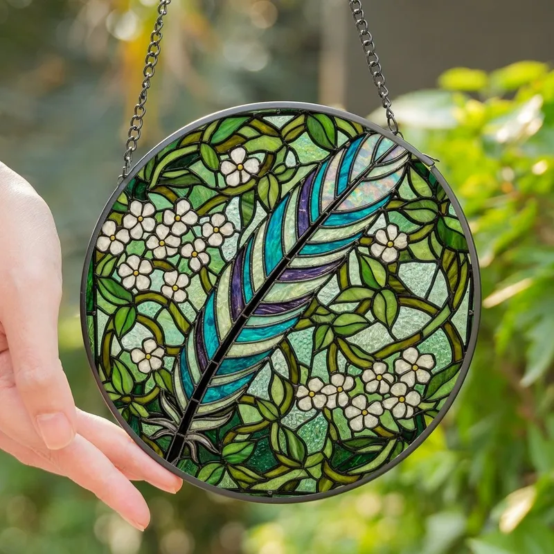 Nature Lovers' Iridescent Feather Tiffany Stained Glass Teal Violet Green Foliage Mosaic Stained Glass Suncatcher - -g4J4TQNgN
