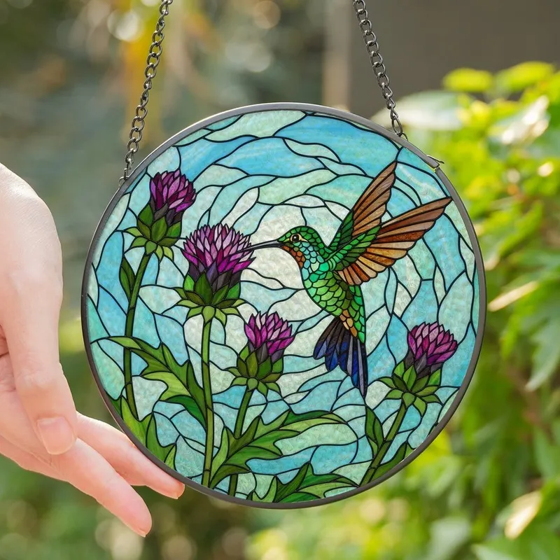 Nature Lovers' Iridescent Hummingbird Thistle Tiffany Stained Glass Purple Pink Green Jewel Tone Mosaic Stained Glass Suncatcher - 1