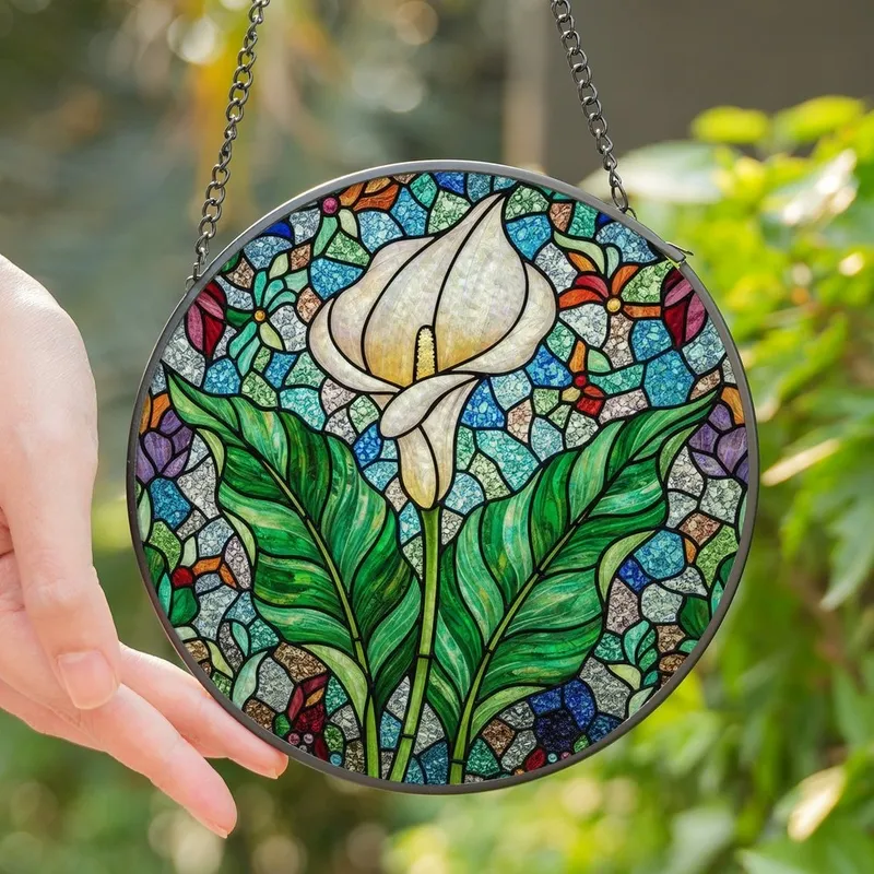Women's Glowing White Calla Lily & Vibrant Green Leaves Stained Glass Floral Mosaic Pattern Stained Glass Suncatcher - 1