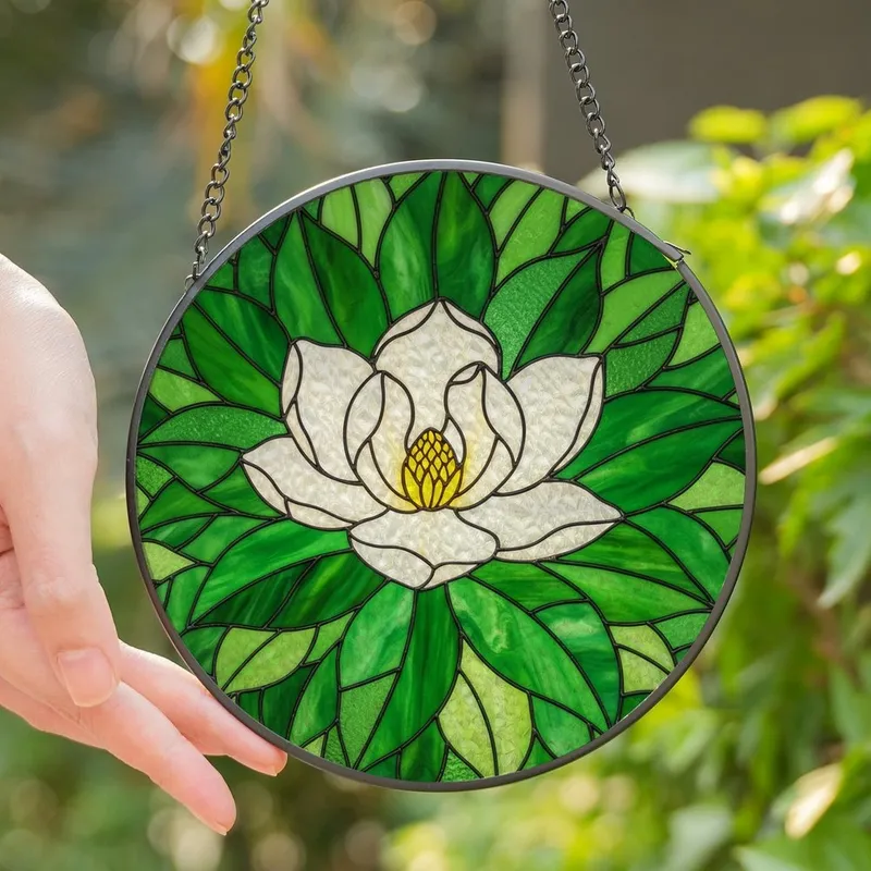 Nature Lovers' Tiffany Stained Glass White Magnolia Emerald Green Botanical Mosaic Stained Glass Suncatcher - 1