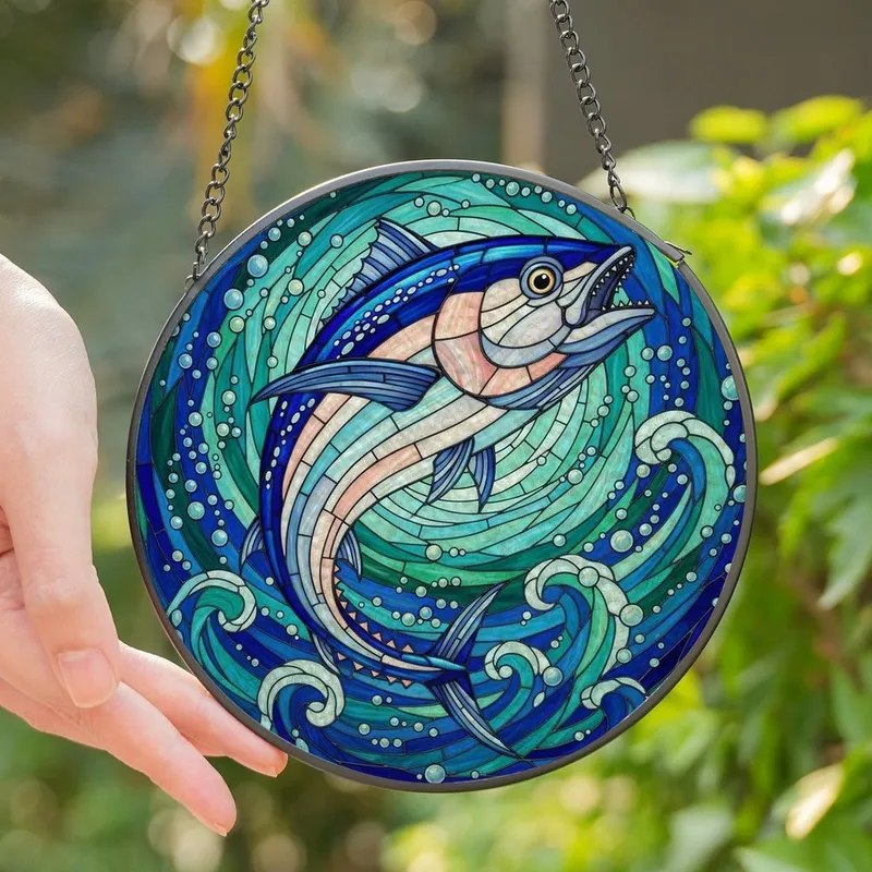 Coastal Lifestyle Fans' Vibrant Tiffany Stained Glass Tuna Leaping Ocean Currents Teal Blue Pink Mosaic Stained Glass Suncatcher - 1