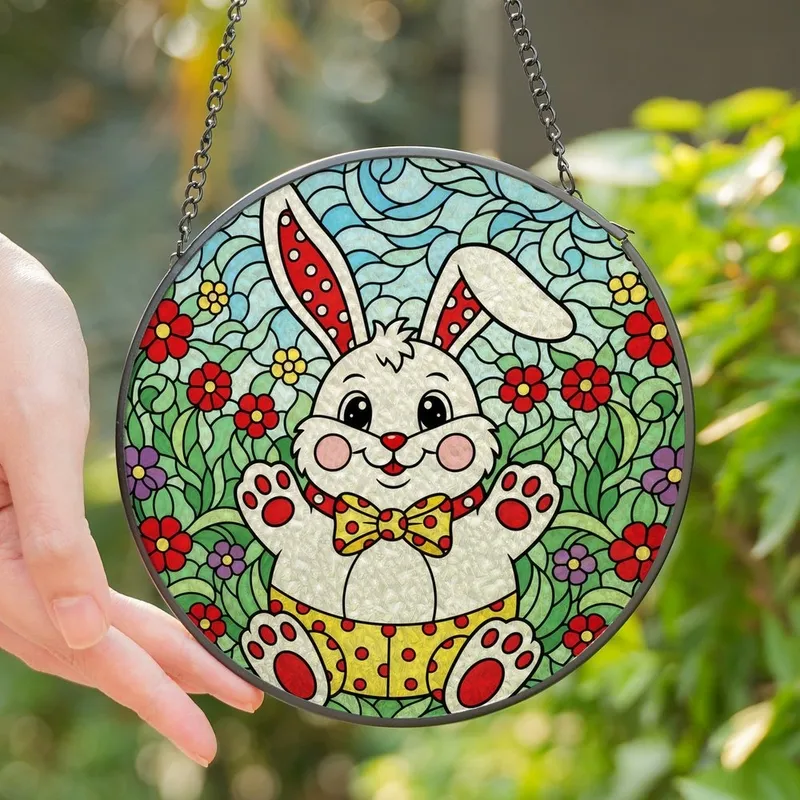 Whimsical Art Lovers' Tiffany Stained Glass Intricate Spring Bunny Red Yellow Polka Dot Floral Meadow Stained Glass Suncatcher - 1