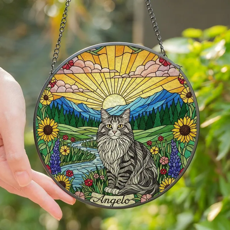 Cat Lovers' Nature Enthusiast Intricate Stained Glass Tabby Cat Wildflower Mountain Sunrise Jewel Tones Stained Glass Suncatcher - aER1WZXMDI