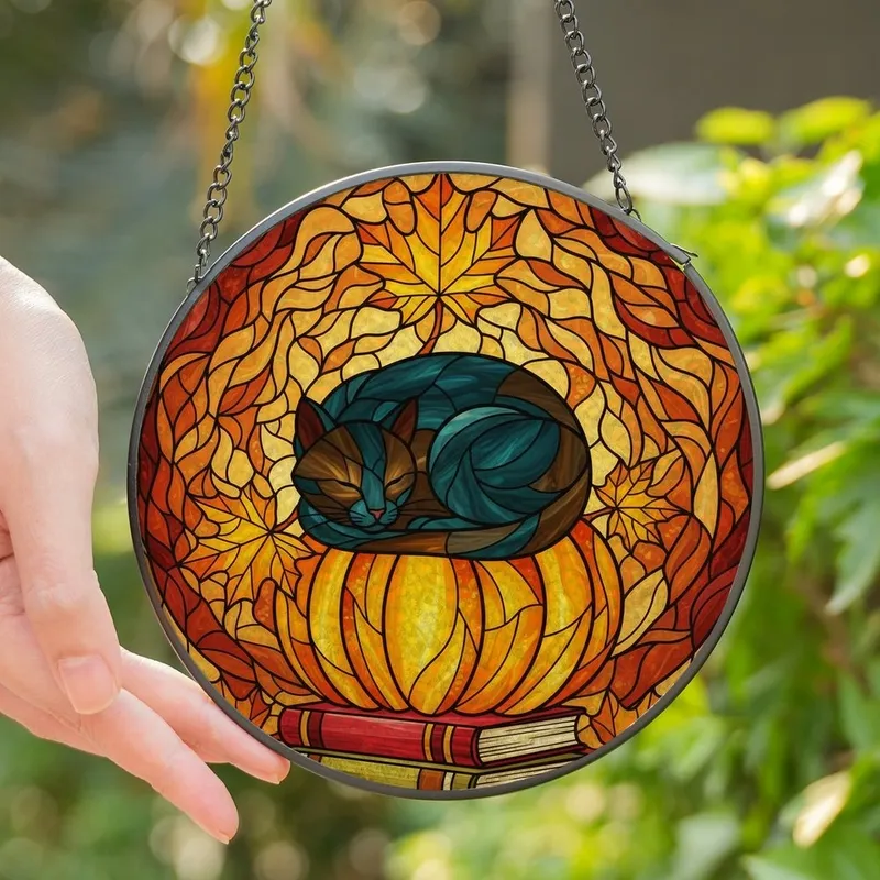 Cat Lovers' Amber Teal Stained Glass Feline Pumpkin Book Leaf Mosaic Stained Glass Suncatcher - 1