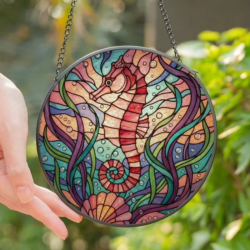 Ocean Lovers' Tiffany Stained Glass Iridescent Pink Seahorse Teal Orange Purple Mosaic Stained Glass Suncatcher - 1