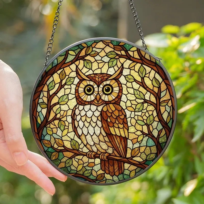 Nature Lovers' Tiffany-Style Stained Glass Owl Amber Golden Woodland Mosaic Pattern Stained Glass Suncatcher - 1