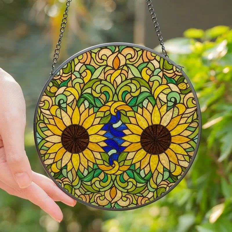 Nature Lovers' Radiant Stained Glass Sunflower & Botanical Mosaic Jewel Tone Pattern Stained Glass Suncatcher - 1