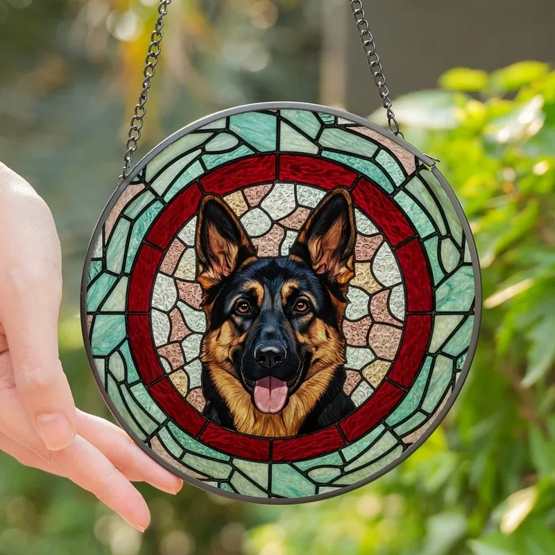 German Shepherd Lovers' Tiffany Style Stained Glass Black Tan Dog Smiling Portrait Red Frame Light Blue Green Mosaic Stained Glass Suncatcher - Ivc8TuoOre