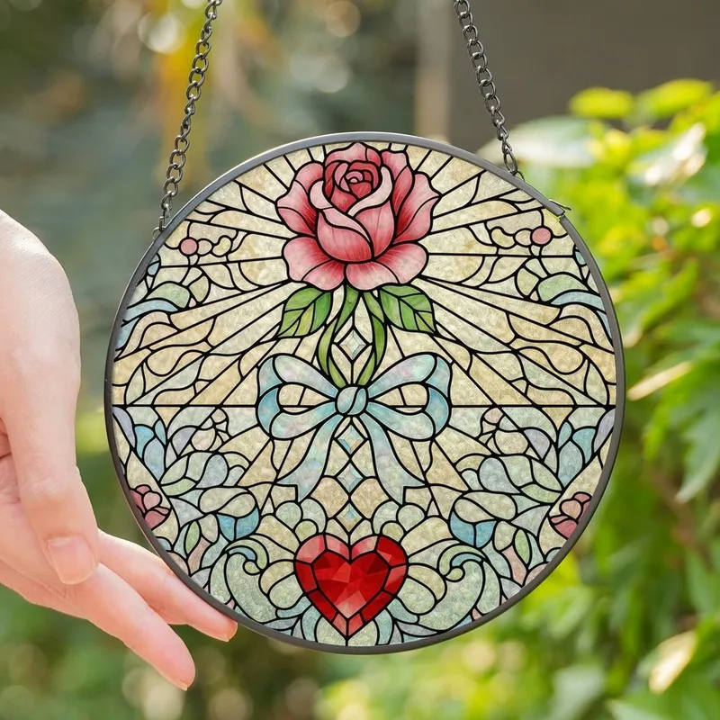 Elegance Seekers' Intricate Tiffany Stained Glass Pink Rose Blue Bow Red Heart Cascade Ethereal Mosaic Stained Glass Suncatcher - 1