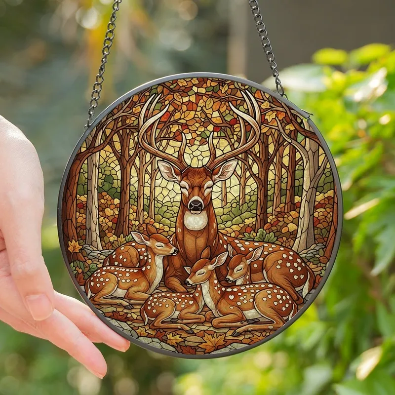 Nature Lovers' Intricate Stained Glass Deer Family Forest Tiffany Pattern Amber Brown Jewel Tones Stained Glass Suncatcher - 1