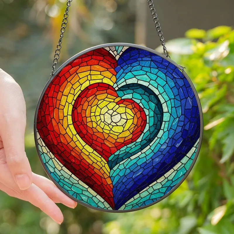 Art Lovers' Glowing Tiffany Glass Heart Mosaic Swirl Yellow Orange Red Teal Indigo Stained Glass Suncatcher - 1