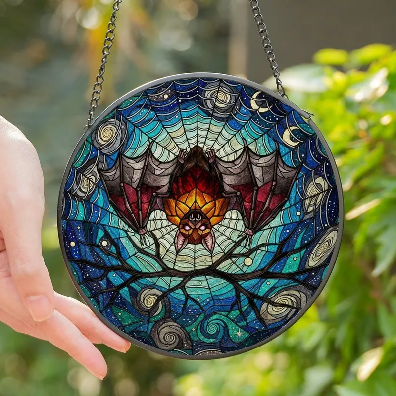Mystical Art Lovers' Intricate Stained Glass Bat Celestial Night Sky Mosaic Amber Red Pink Jewel Tones Stained Glass Suncatcher - 1