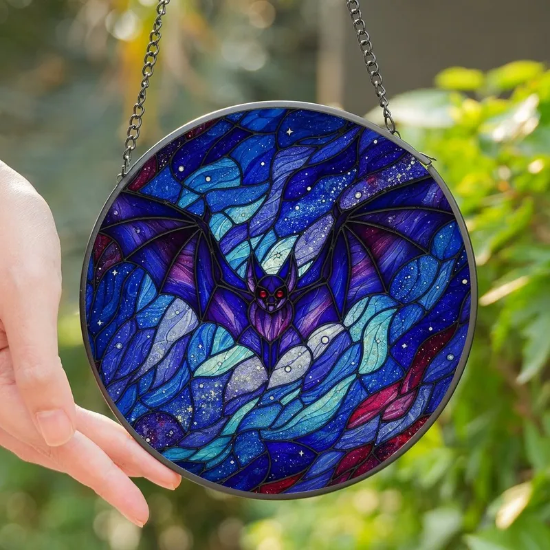 Fantasy Art Lovers' Tiffany Stained Glass Bat Cosmic Nebula Indigo Ruby Red Pattern Stained Glass Suncatcher - 1