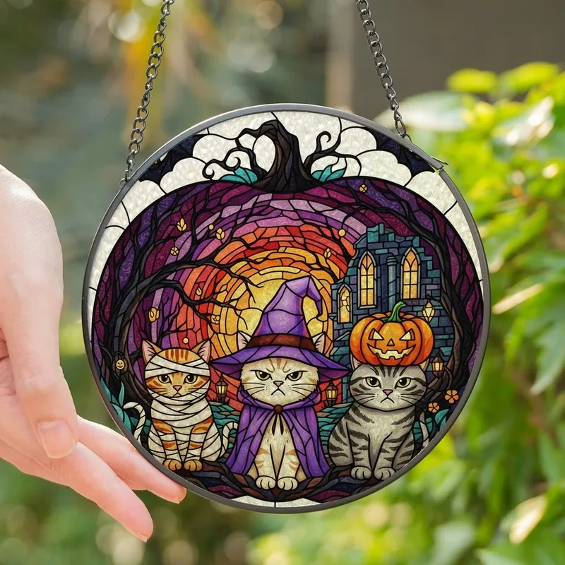 Halloween Cat Lovers' Vibrant Tiffany Stained Glass Mummy Witch Pumpkin Cats Spooky Night Scene Stained Glass Suncatcher - 1