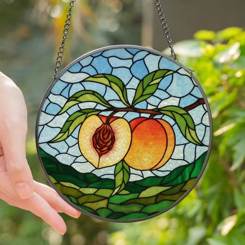 Art Lovers' Tiffany Style Stained Glass Peach Orange Green Vibrant Jewel Tone Botanical Mosaic Stained Glass Suncatcher - 1