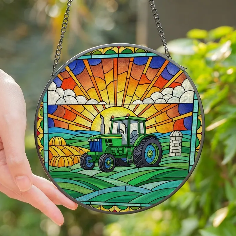 Rural Life Enthusiasts Tiffany Style Stained Glass Farm Tractor Sunrise Mosaic Emerald Gold Blue Orange Stained Glass Suncatcher - 1
