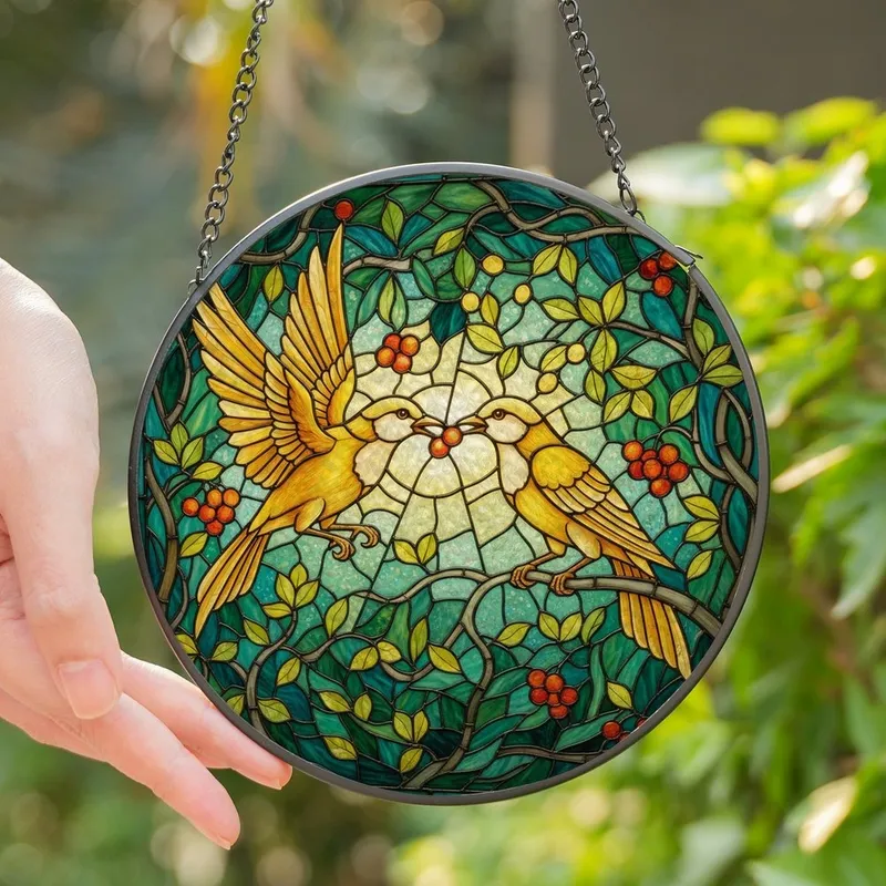 Nature Lovers' Tiffany Stained Glass Golden Birds & Berries Teal Foliage Mosaic Art Stained Glass Suncatcher - 1