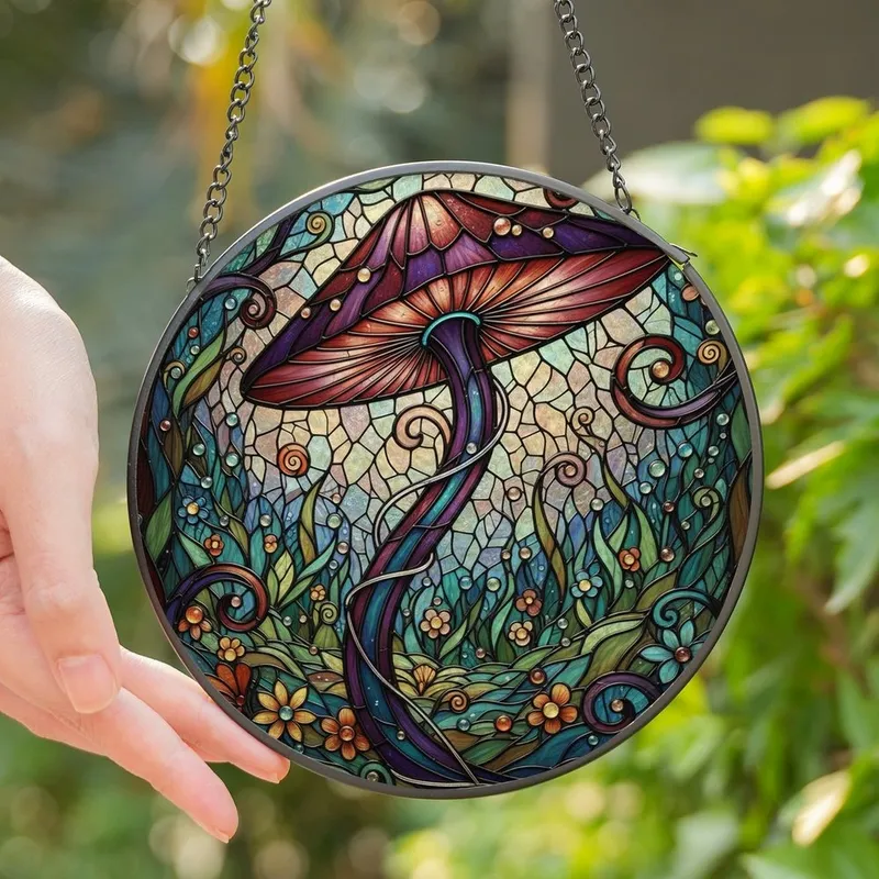 Fantasy Art Lovers' Tiffany Stained Glass Whimsical Mushroom Mystical Forest Mosaic in Iridescent Purple Teal Violet Stained Glass Suncatcher - 1