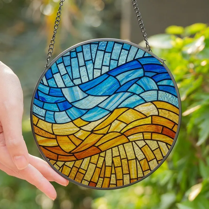 Vibrant Art Lovers' Tiffany Stained Glass Wavy Sky Blue Golden Yellow Mosaic Pattern Stained Glass Suncatcher - 1