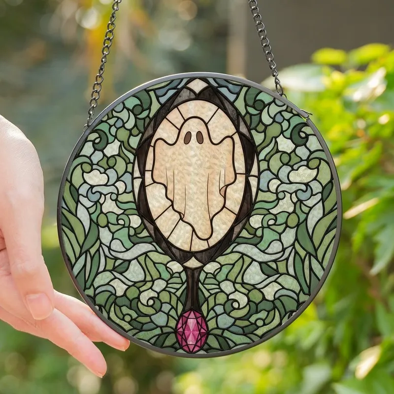 Gothic Aesthetic Fans' Ethereal Ghost Stained Glass Hand Mirror Fuchsia Jewel Teal Bronze Dreamscape Mosaic Stained Glass Suncatcher - 1