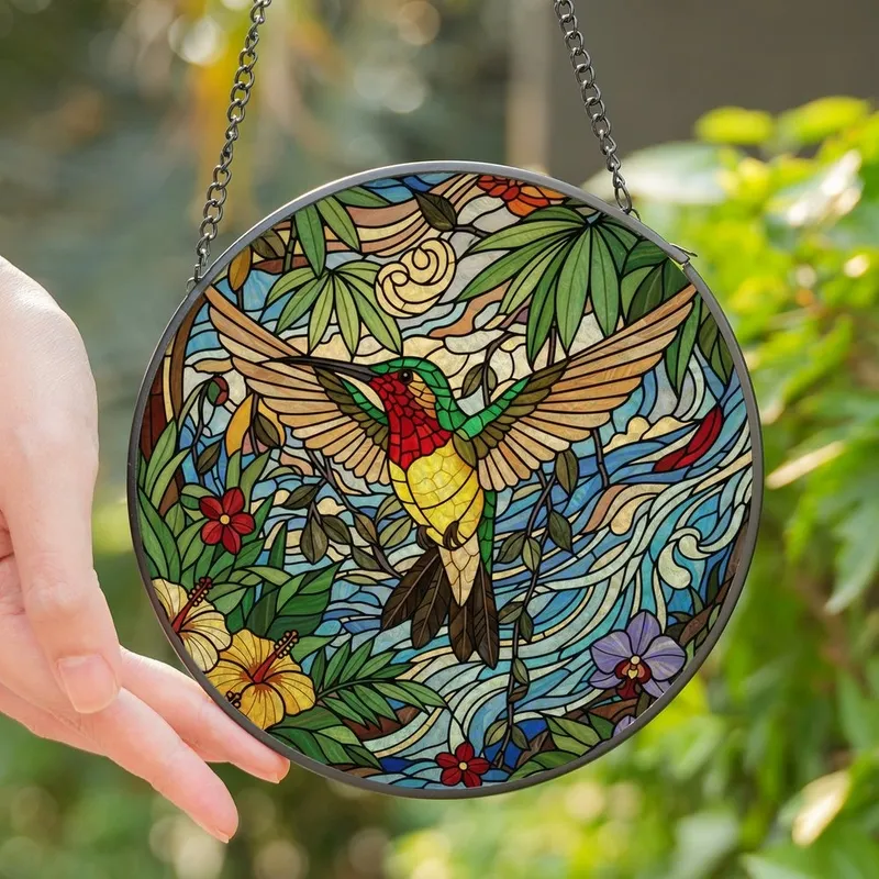Nature Lovers' Intricate Tiffany Stained Glass Hummingbird Ruby Emerald Tropical Foliage Stained Glass Suncatcher - 1
