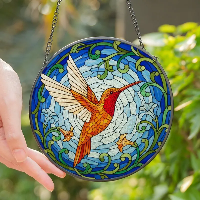 Nature Lovers' Vibrant Tiffany Stained Glass Rufous Hummingbird Ruby Red Luminous Orange Botanical Celestial Mosaic Stained Glass Suncatcher - 1