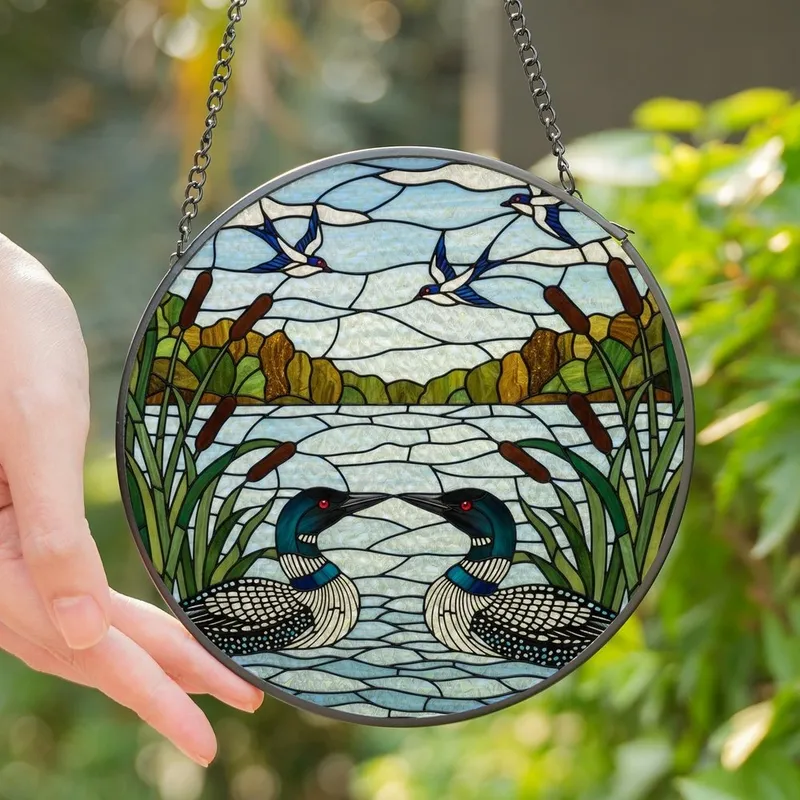 Wildlife Enthusiasts' Tiffany Glass Loons Lake Mosaic Jewel Tone Nature Pattern Stained Glass Suncatcher - 1