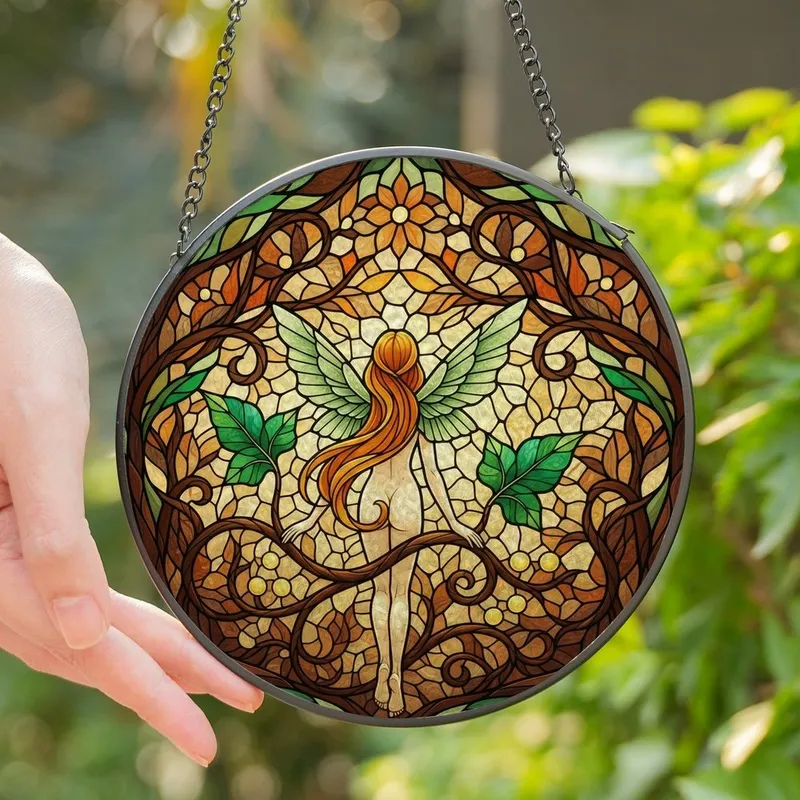 Fantasy Art Lovers' Tiffany Style Stained Glass Fairy Amber Hair Emerald Green Forest Mosaic Stained Glass Suncatcher - EeHIa1Glay