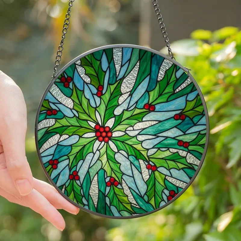 Holiday Art Admirers' Vibrant Tiffany Style Holly Branch Jewel Tones Intricate Mosaic Stained Glass Suncatcher - 1