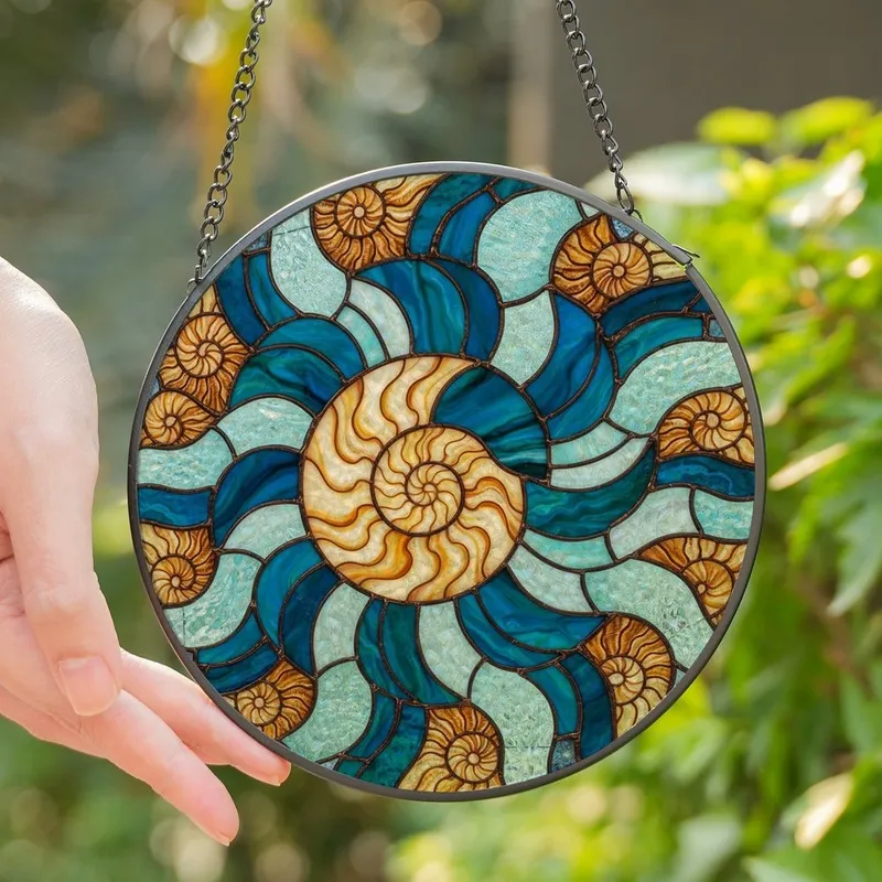 Art Lovers' Glowing Tiffany Stained Glass Nautilus Cross-Section Teal Aqua Copper Mosaic Stained Glass Suncatcher - 1