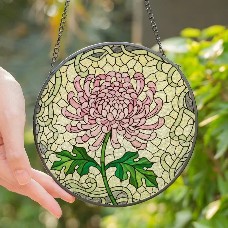 Art Lovers' Luminous Tiffany Stained Glass Emerald Pink Yellow Intricate Chrysanthemum Mosaic Stained Glass Suncatcher - 1