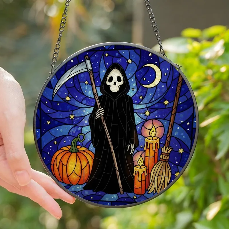 Mystical Art Fans' Vibrant Tiffany Stained Glass Scythe Bearer, Pumpkin & Starry Night Stained Glass Suncatcher - 1