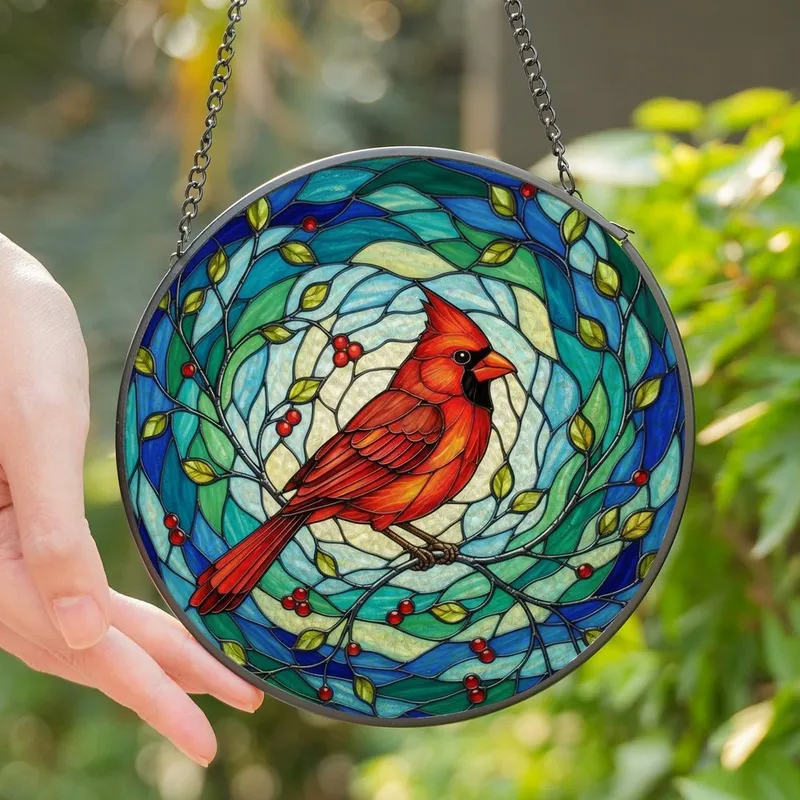 Nature Lovers' Vibrant Red Cardinal Tiffany Stained Glass Mosaic Art with Silver Branches, Translucent Jewel Tones, Blue Green Swirling Patterns Stained Glass Suncatcher - 1