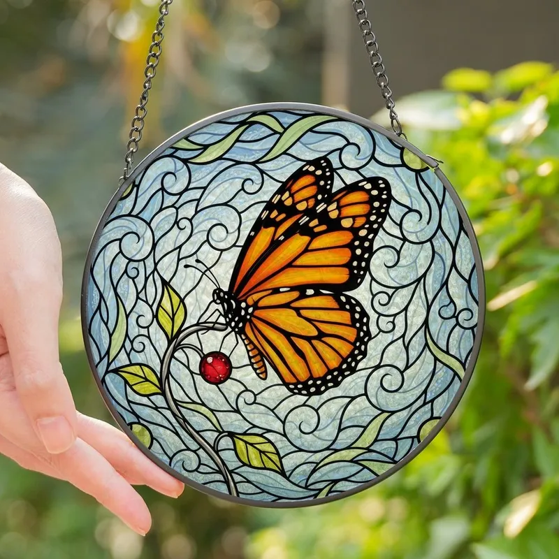 Art Lovers' Vibrant Orange Black Monarch Butterfly Stained Glass Tiffany Style Mosaic Blue Swirls Ruby Red Leaves Stained Glass Suncatcher - 1