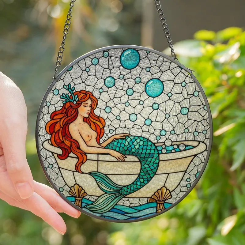 Fantasy Art Lovers' Tiffany Stained Glass Mermaid Bathtub Jewel Tone Teal Emerald Gold Mosaic Stained Glass Suncatcher - wLewCRqvCz