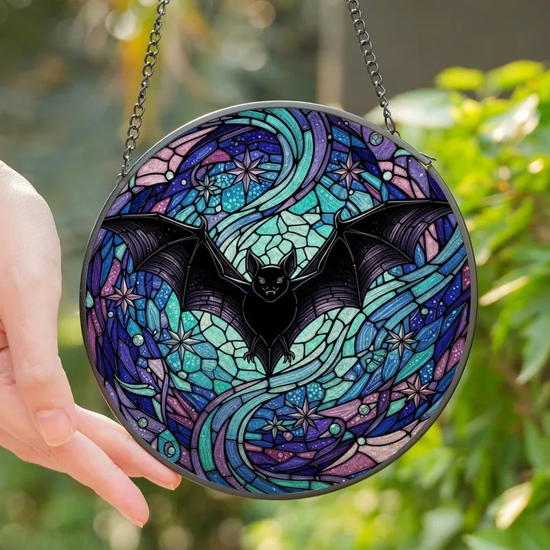 Fantasy Art Aficionados' Intricate Tiffany Stained Glass Bat Teal Purple Pink Night Sky Mosaic Stained Glass Suncatcher - 1