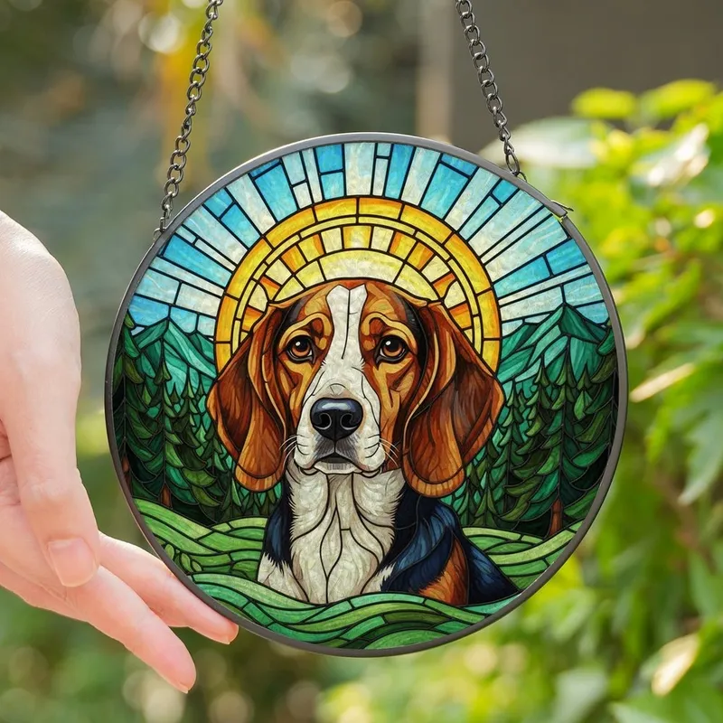 Dog Lovers' Glowing Tiffany Style Hound Dog Stained Glass Forest Landscape Art Stained Glass Suncatcher - Th3MLxvhkG