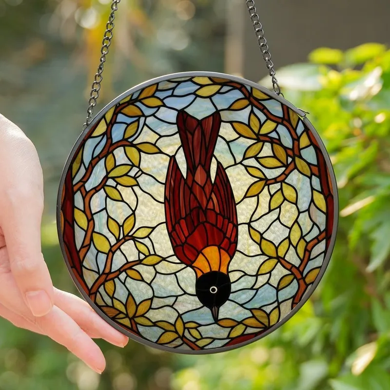 Art Lovers' Highly Detailed Tiffany Style Stained Glass Inverted Bird Glowing Amber Orange Red-Brown Mosaic Stained Glass Suncatcher - 1
