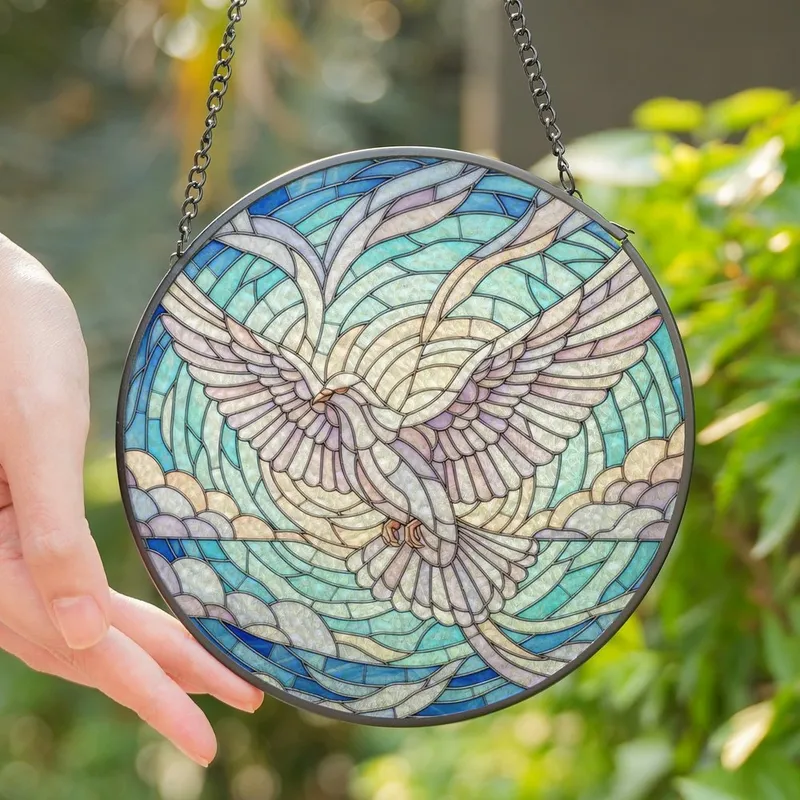 Art & Nature Lovers' Tiffany Style Stained Glass Peace Dove Iridescent Pink Lavender Blue Sky Mosaic Pattern Stained Glass Suncatcher - 1