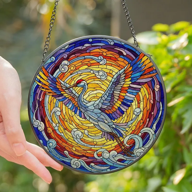 Art Lovers' Majestic Tiffany Stained Glass Crane Flight Jewel Tone Ethereal Sky Mosaic Stained Glass Suncatcher - yzw8unznzB