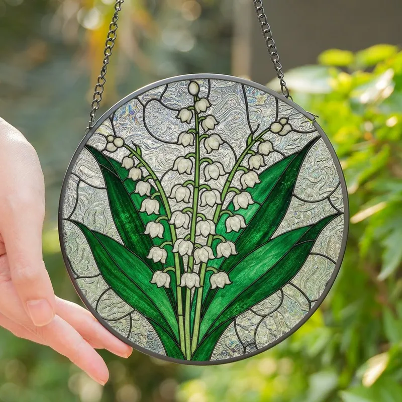 Nature Lovers' Radiant White Emerald Green Lily of the Valley Tiffany Stained Glass Floral Mosaic Pattern Stained Glass Suncatcher - 1
