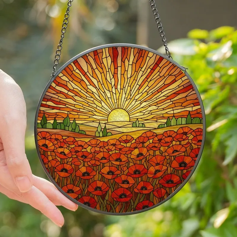 Nature Lovers' Vibrant Tiffany Stained Glass Orange Red Poppy Golden Sun Sunrise Art Stained Glass Suncatcher - 1