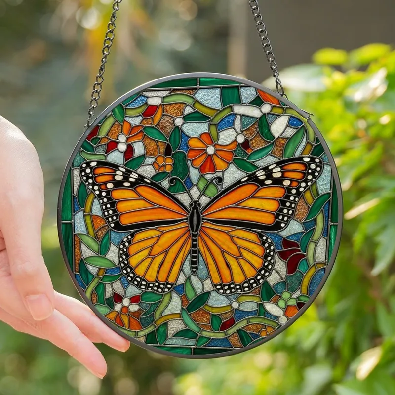 Nature Lovers' Tiffany Stained Glass Monarch Butterfly Orange Emerald Green Intricate Botanical Mosaic Stained Glass Suncatcher - 1