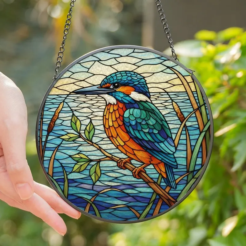 Nature Lovers' Stained Glass Kingfisher Bird Perched Branch Mosaic Teal Orange Emerald Jewel Tones Stained Glass Suncatcher - 1