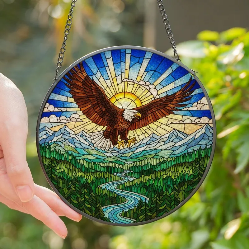 Wildlife Enthusiasts' Stained Glass Bald Eagle Mountain Forest Radiant Jewel Tones Orange Yellow Blue Stained Glass Suncatcher - 1