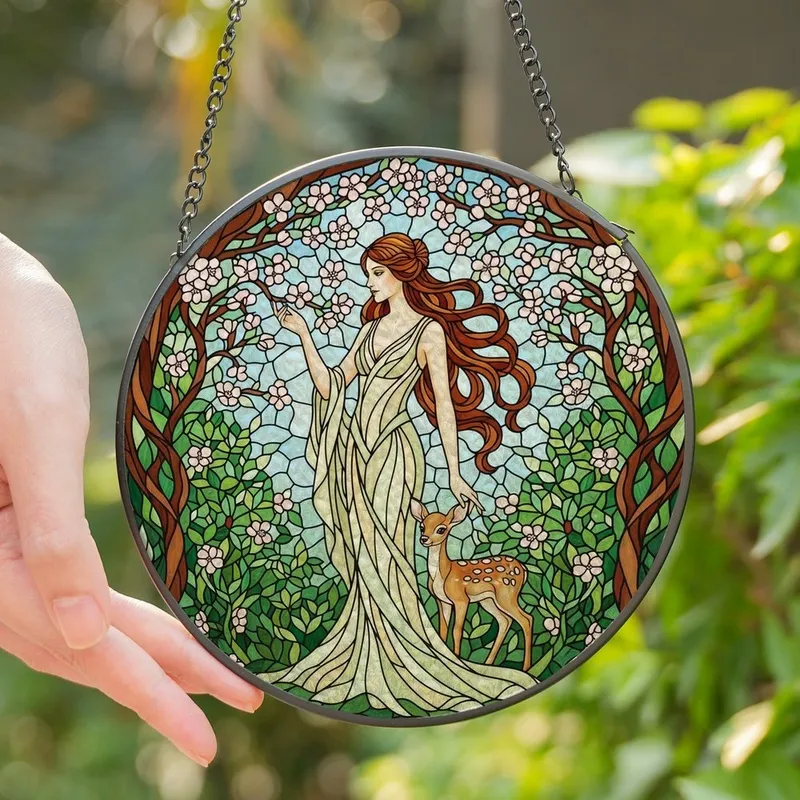 Women's Jewel Tone Tiffany Stained Glass Enchanted Forest Woman Fawn Pink Blossoms Art Stained Glass Suncatcher - 1